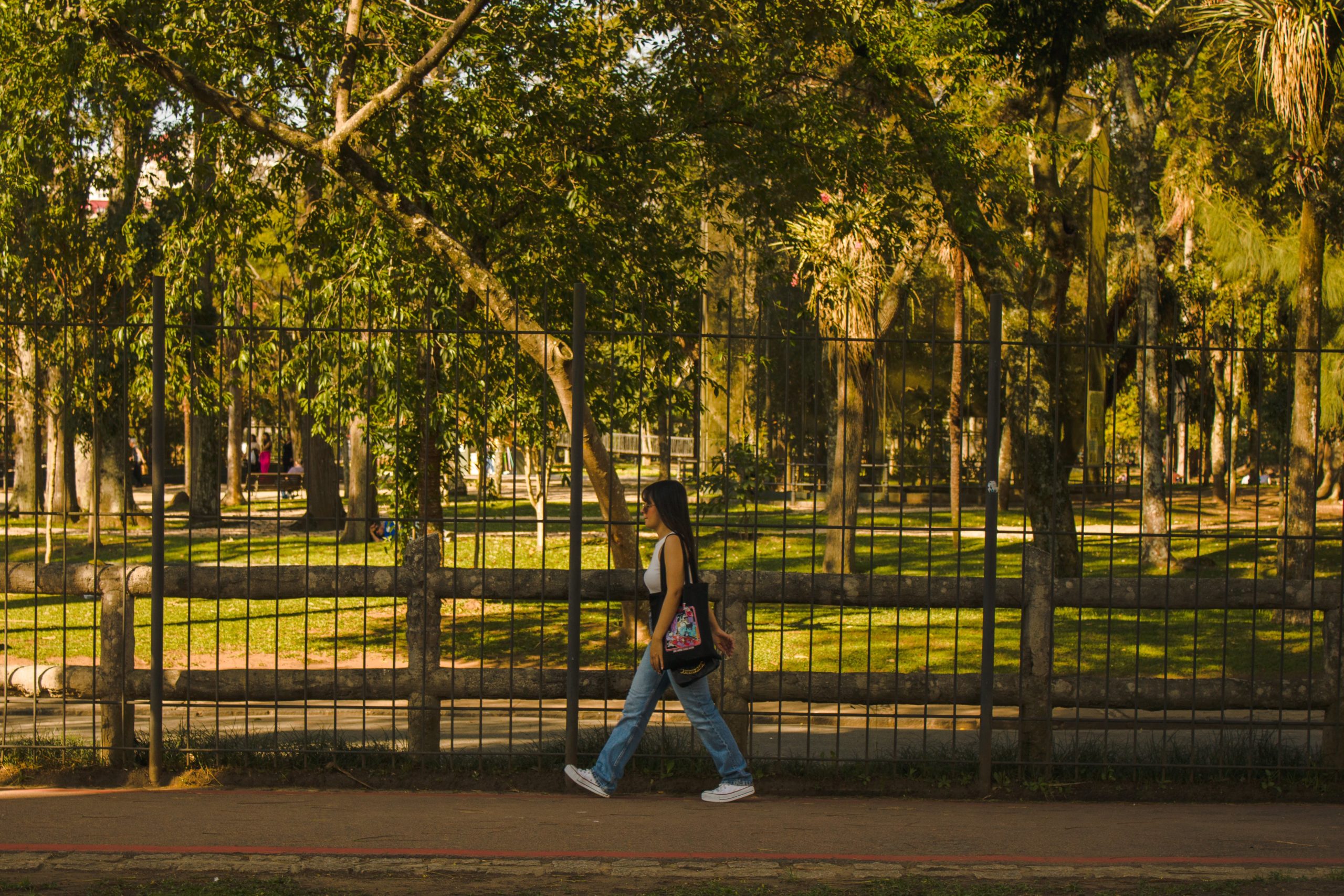 una persona caminando por un parque rodeada de arboles
